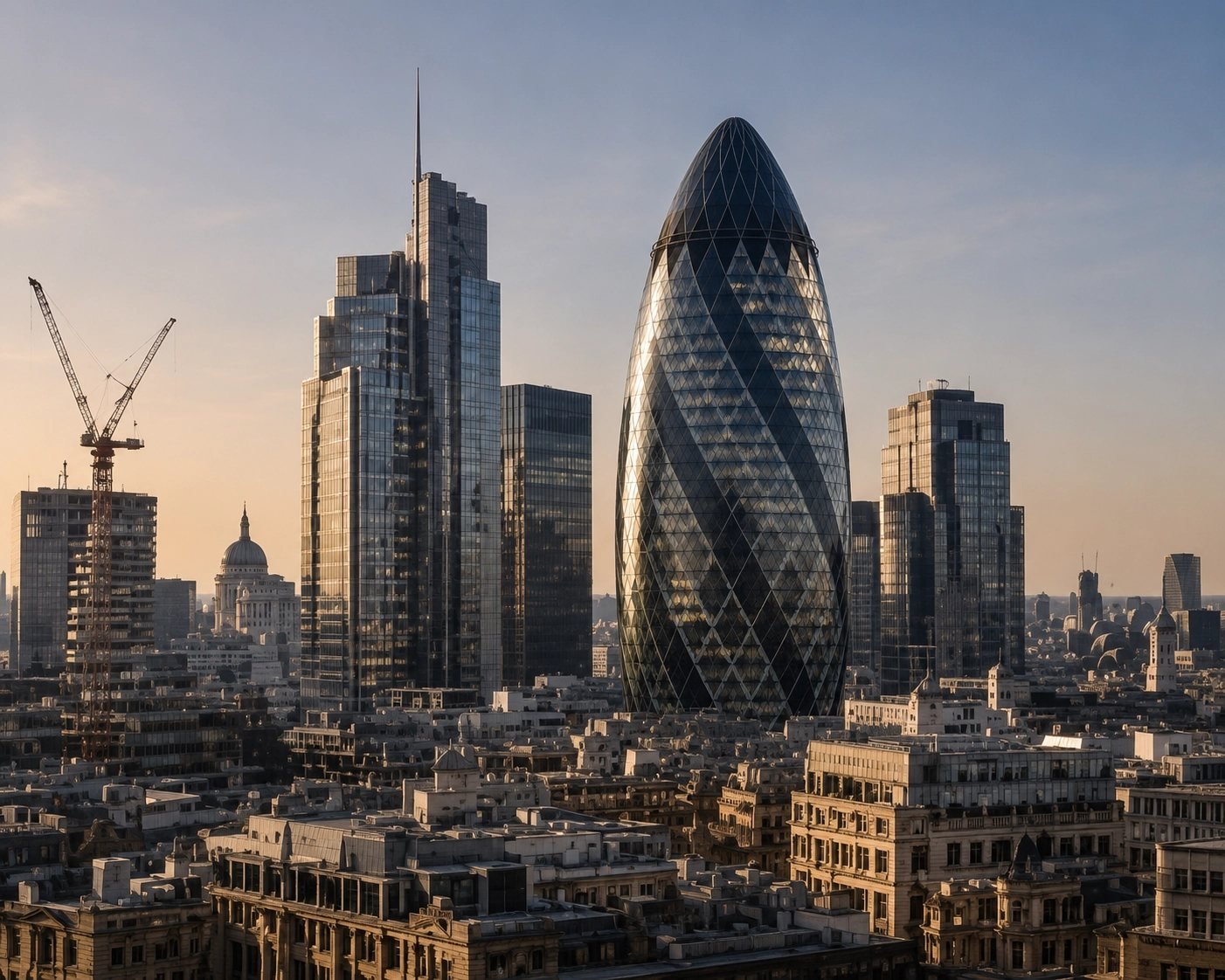 The City of London financial district at golden hour, where the practice advises on cross-border structuring.