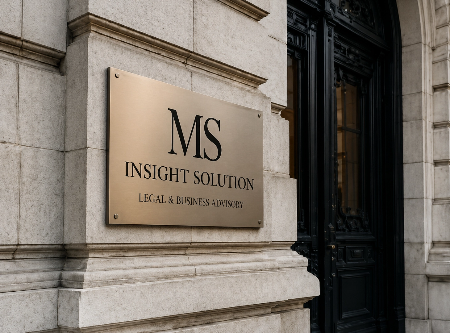 The M.S. Insight Solution brass plaque at the entrance to the practice